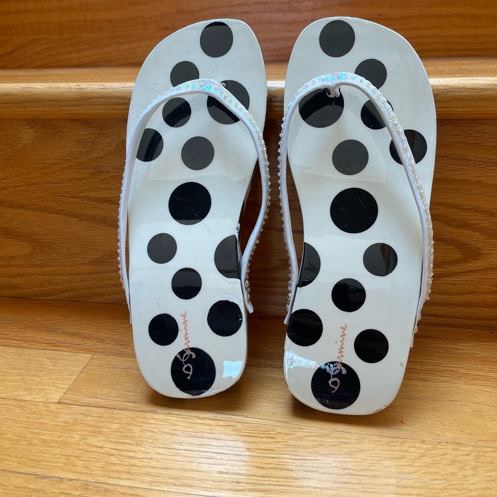White Wooden Flip Flops with Black Polka Dots